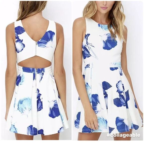 Lulu’s White Blue Floral Cutout Back Skater Dress SMALL - Picture 1 of 11